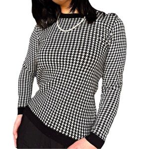 Lauren Ralph Lauren Houndstooth Knit Sweater S Black White Button Shoulder